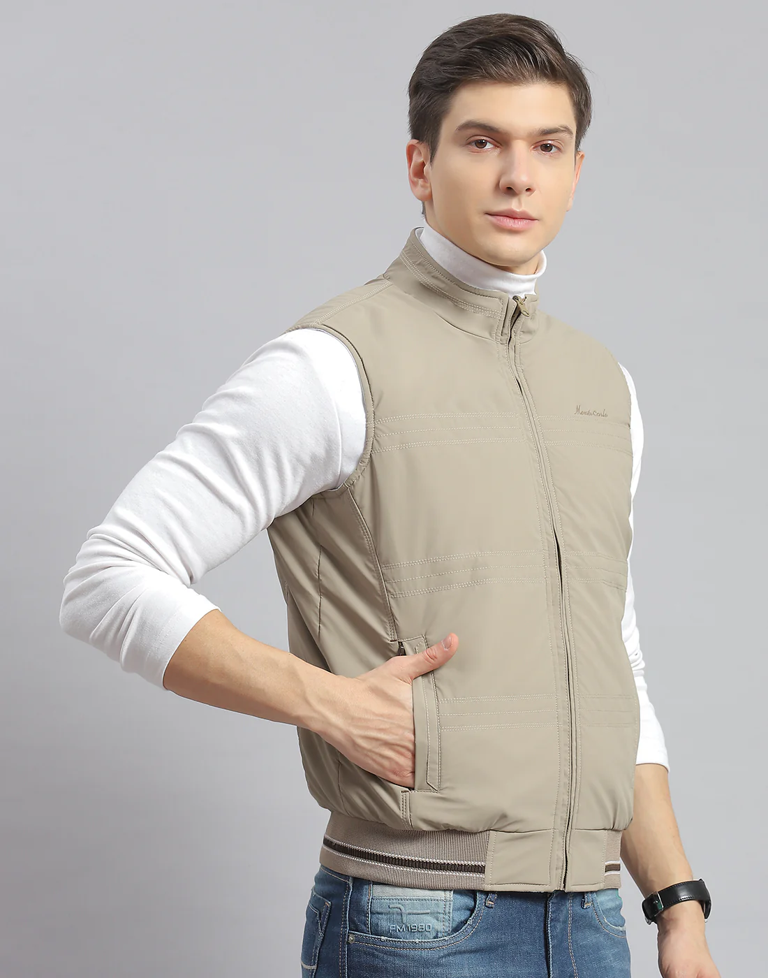 Men Beige Solid Stand Collar Sleeveless Jacket - Image 5