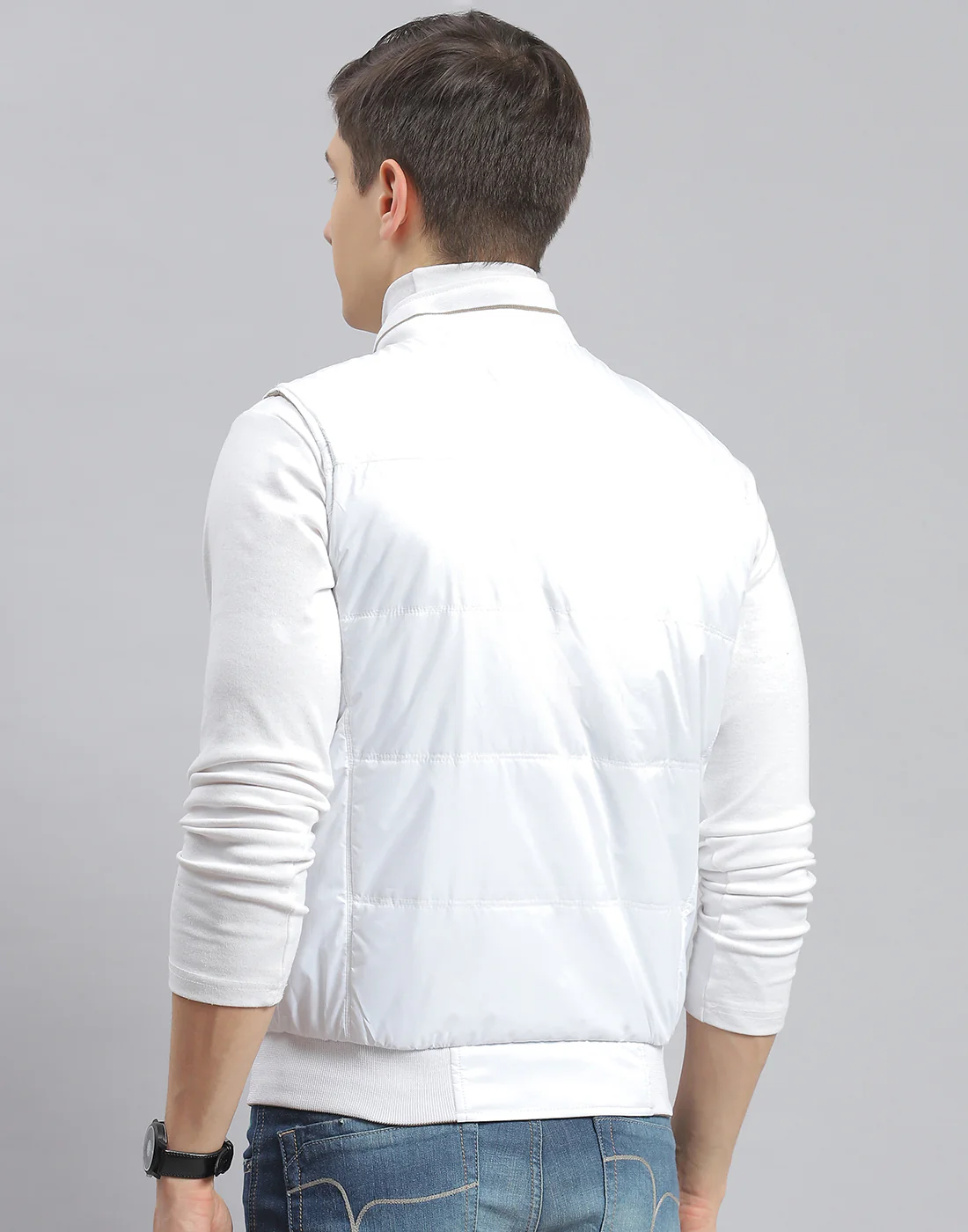 Men Beige Solid Stand Collar Sleeveless Jacket - Image 7