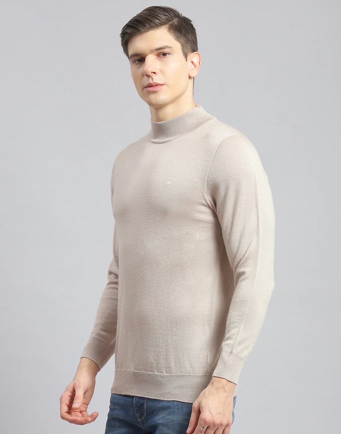 Men Beige Solid T Neck Full Sleeve Pullover - Image 4