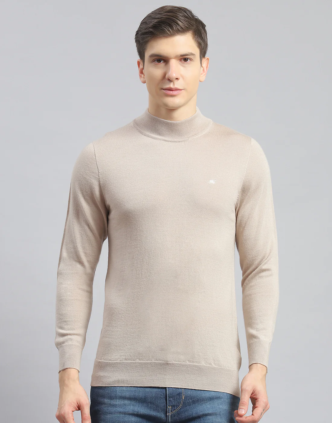 Men Beige Solid Turtle Neck Full Sleeve Pullover - Image 2