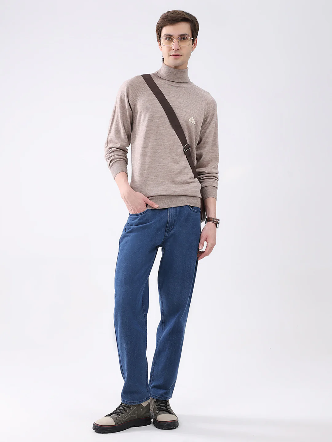 Men Beige Solid Turtle Neck Full Sleeve Pullover - Image 2