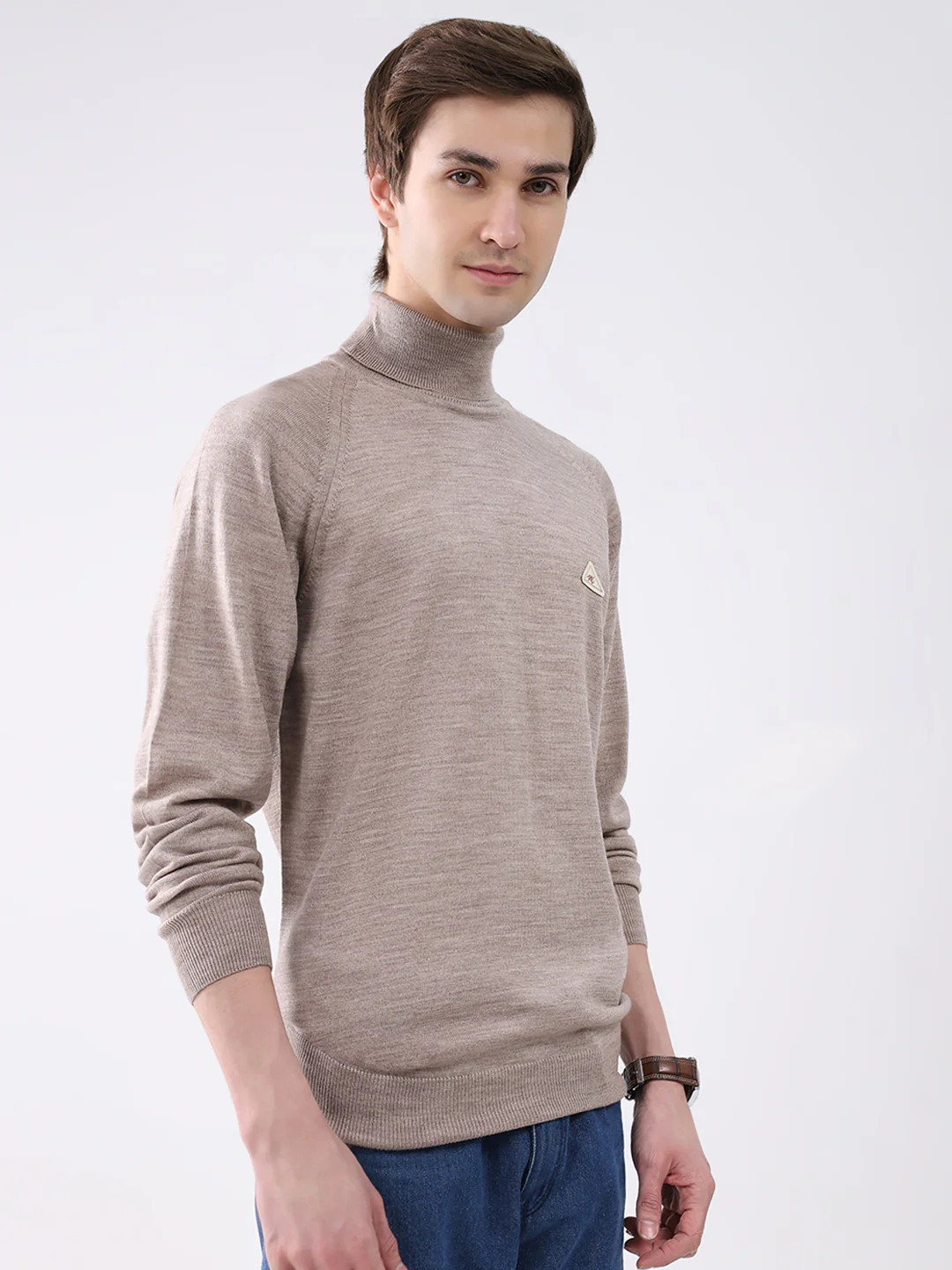 Men Beige Solid Turtle Neck Full Sleeve Pullover - Image 4