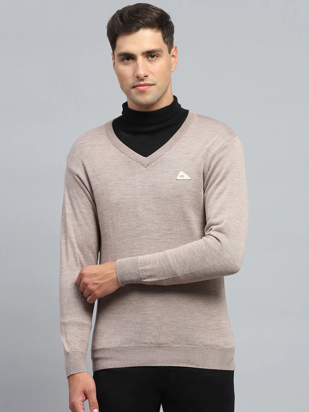 Men Beige Solid V Neck Full Sleeve Pullover - Image 2
