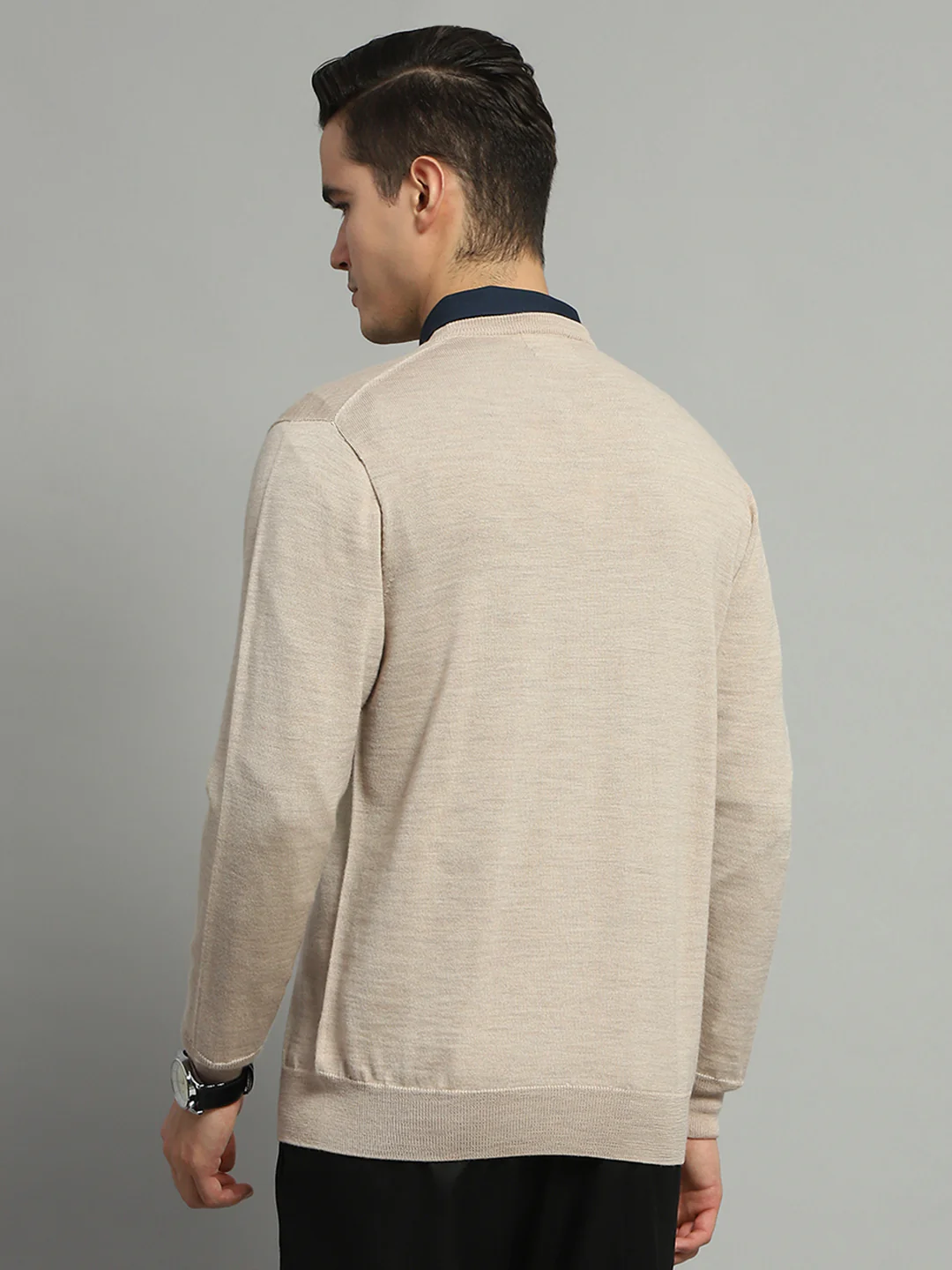 Luxuria Men Beige Solid V Neck Full Sleeve Pullover - Image 5