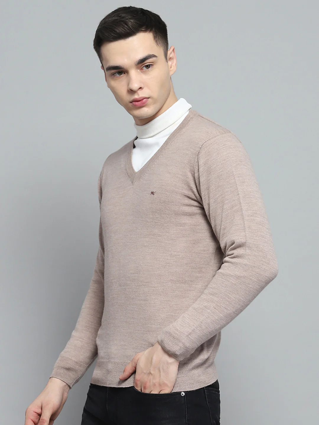 Men Beige Solid V Neck Full Sleeve Pullover - Image 3