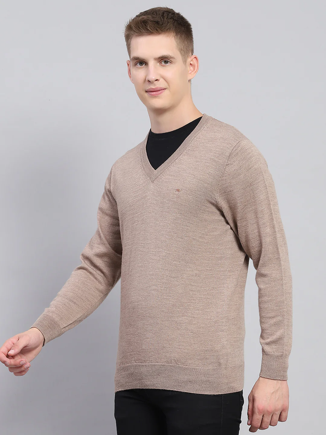 Men Beige Solid V Neck Full Sleeve Pullover - Image 3