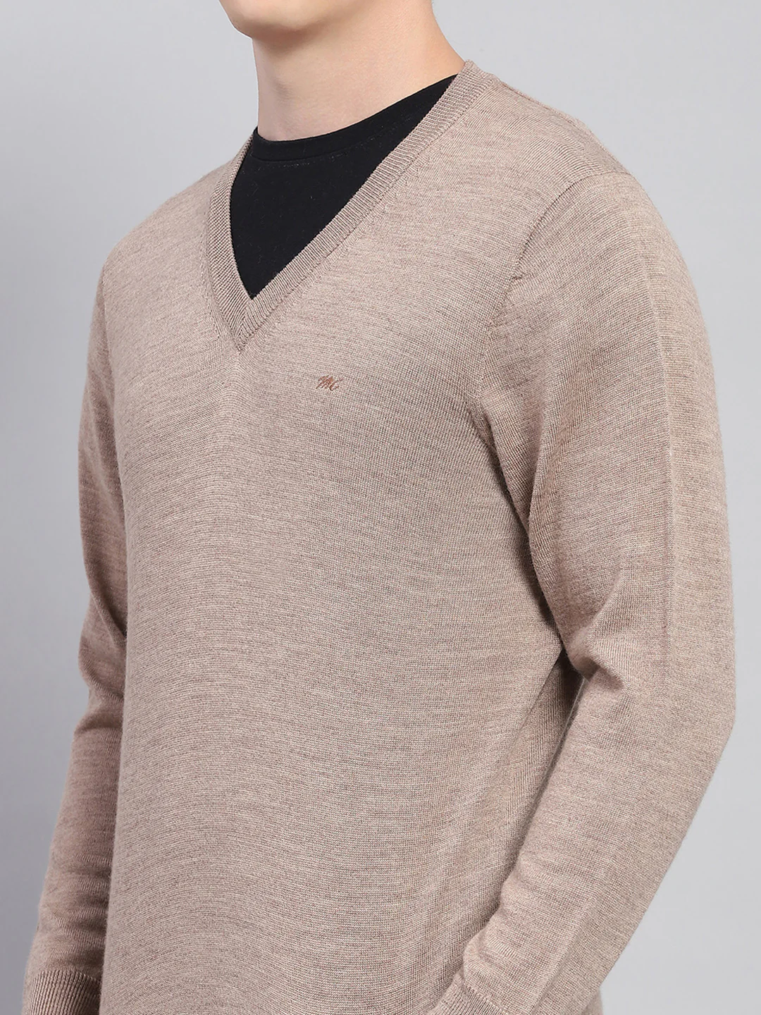 Men Beige Solid V Neck Full Sleeve Pullover - Image 6