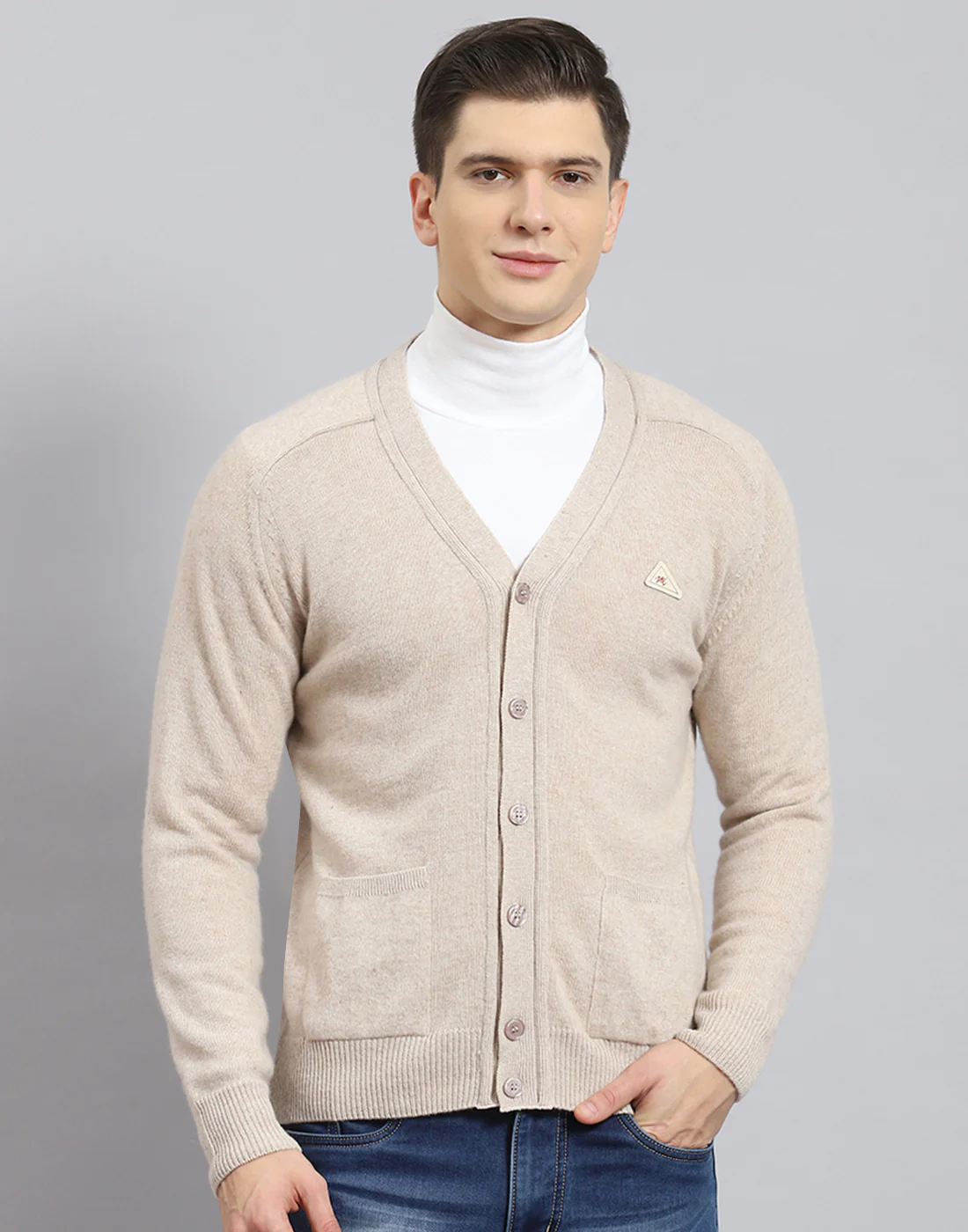 Men Beige Solid V Neck Full Sleeve Sweater - Image 3