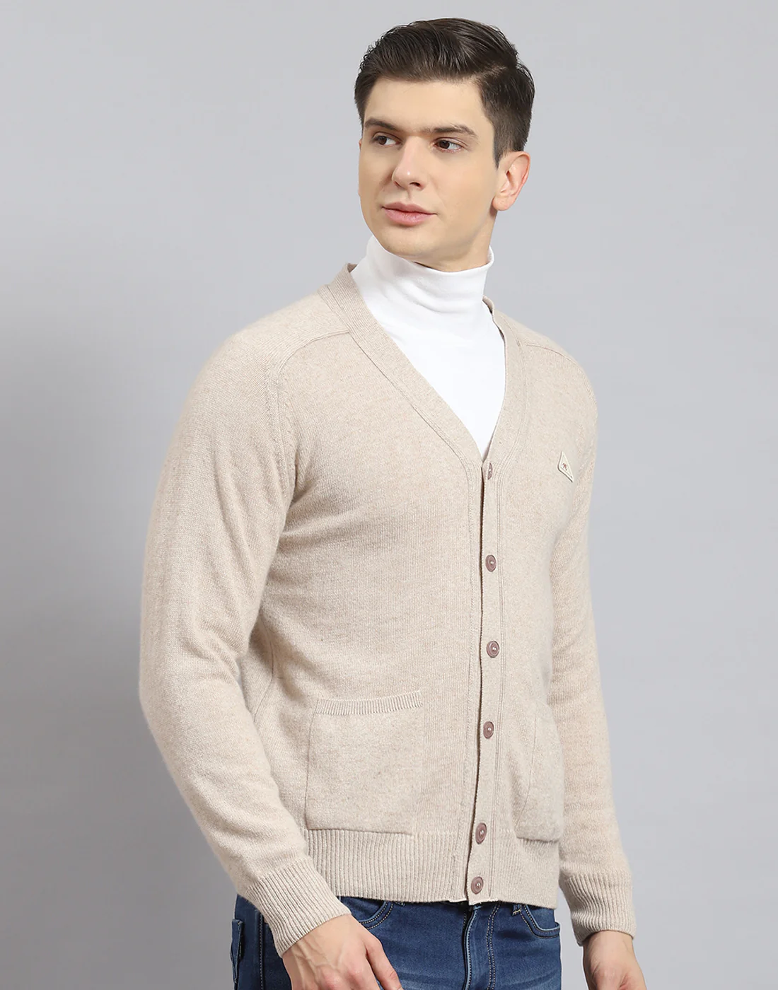 Men Beige Solid V Neck Full Sleeve Sweater - Image 6