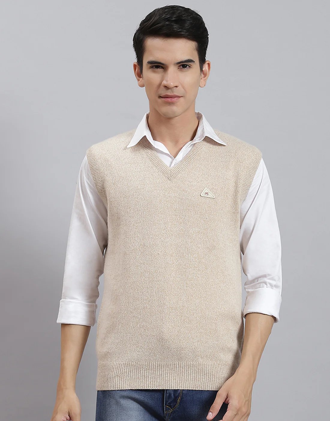 Men Beige Solid V Neck Sleeveless Sweater - Image 2