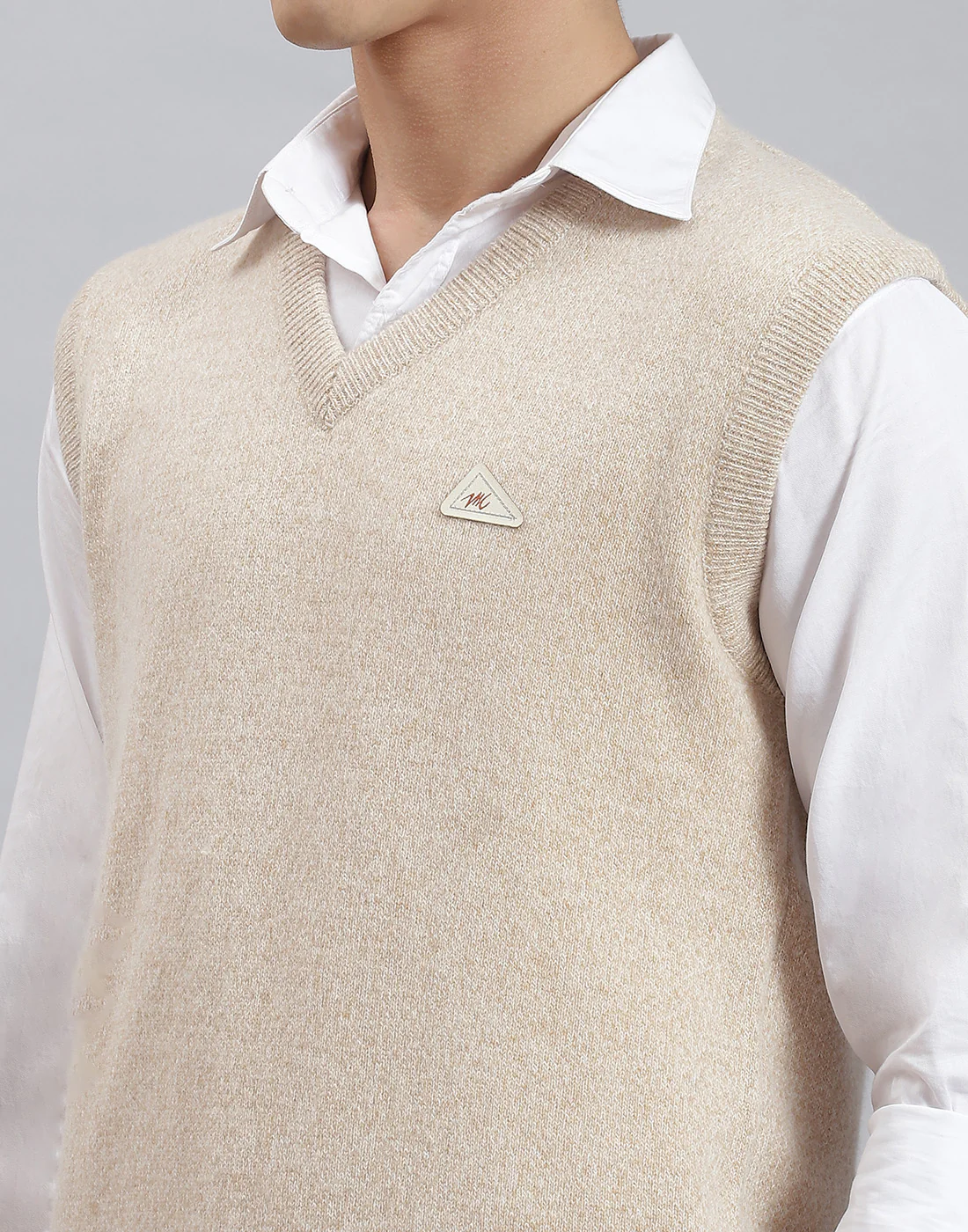 Men Beige Solid V Neck Sleeveless Sweater - Image 6