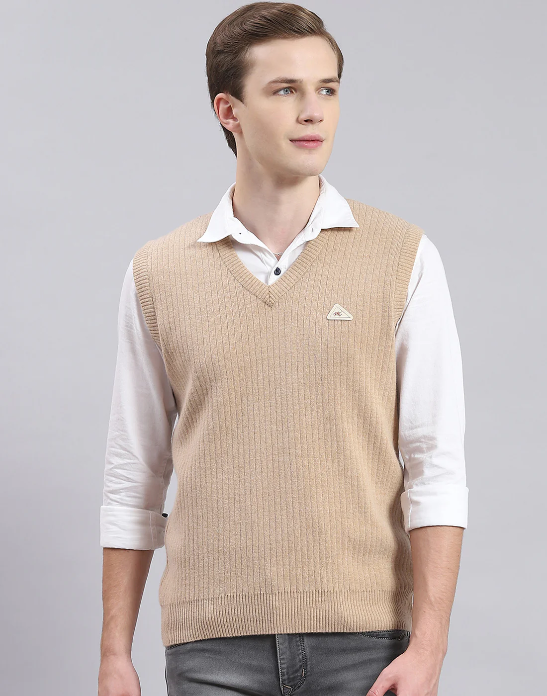 Men Beige Solid V Neck Sleeveless Sweater - Image 2