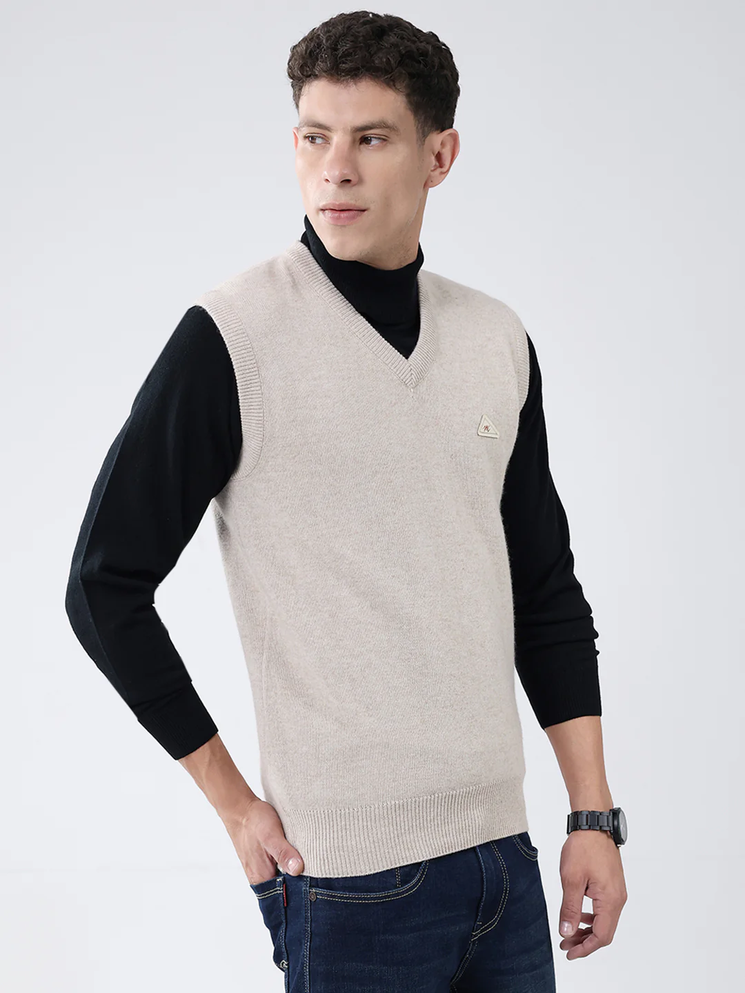 Men Beige Solid V Neck Sleeveless Sweater - Image 4