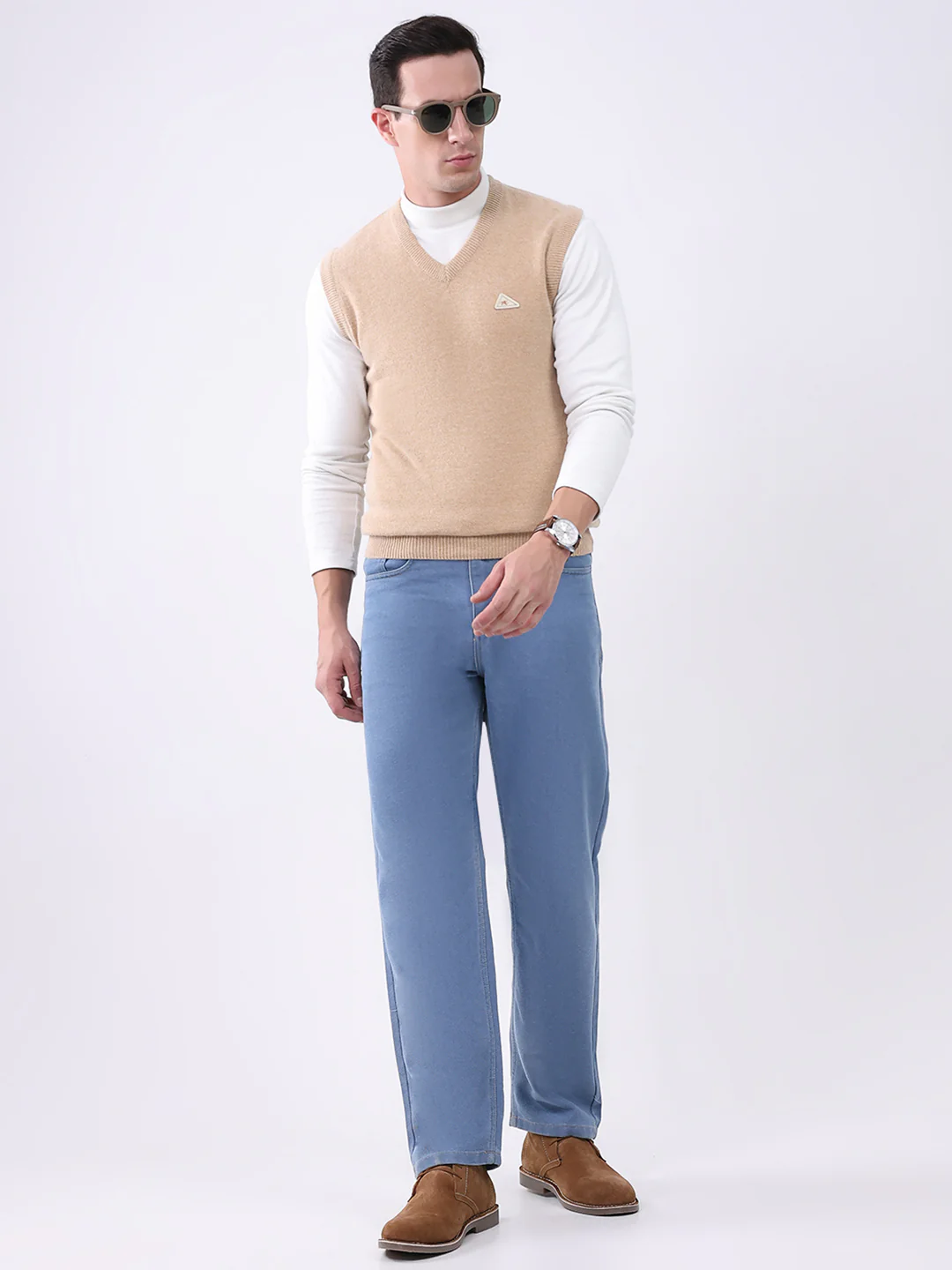 Men Beige Solid V Neck Sleeveless Sweater - Image 2