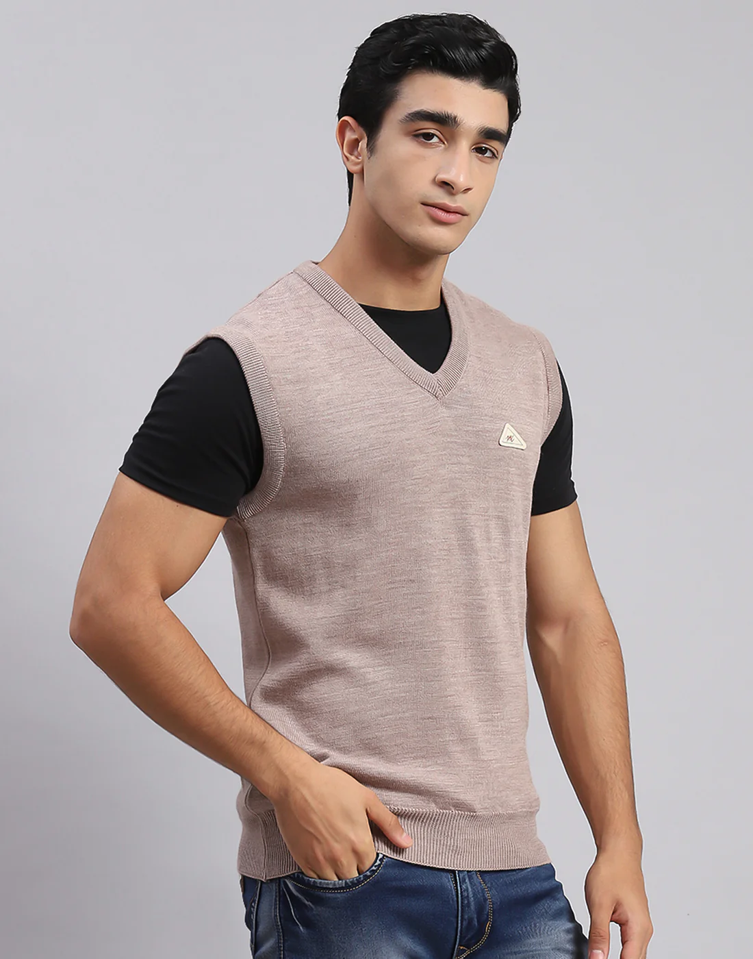 Men Beige Solid V Neck Sleeveless Sweaters/Pullovers - Image 3