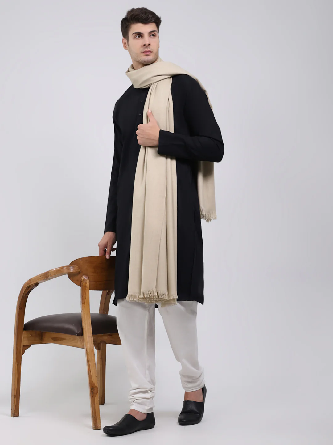 Men Beige Solid Wool Blend Lohi Shawl - Image 2
