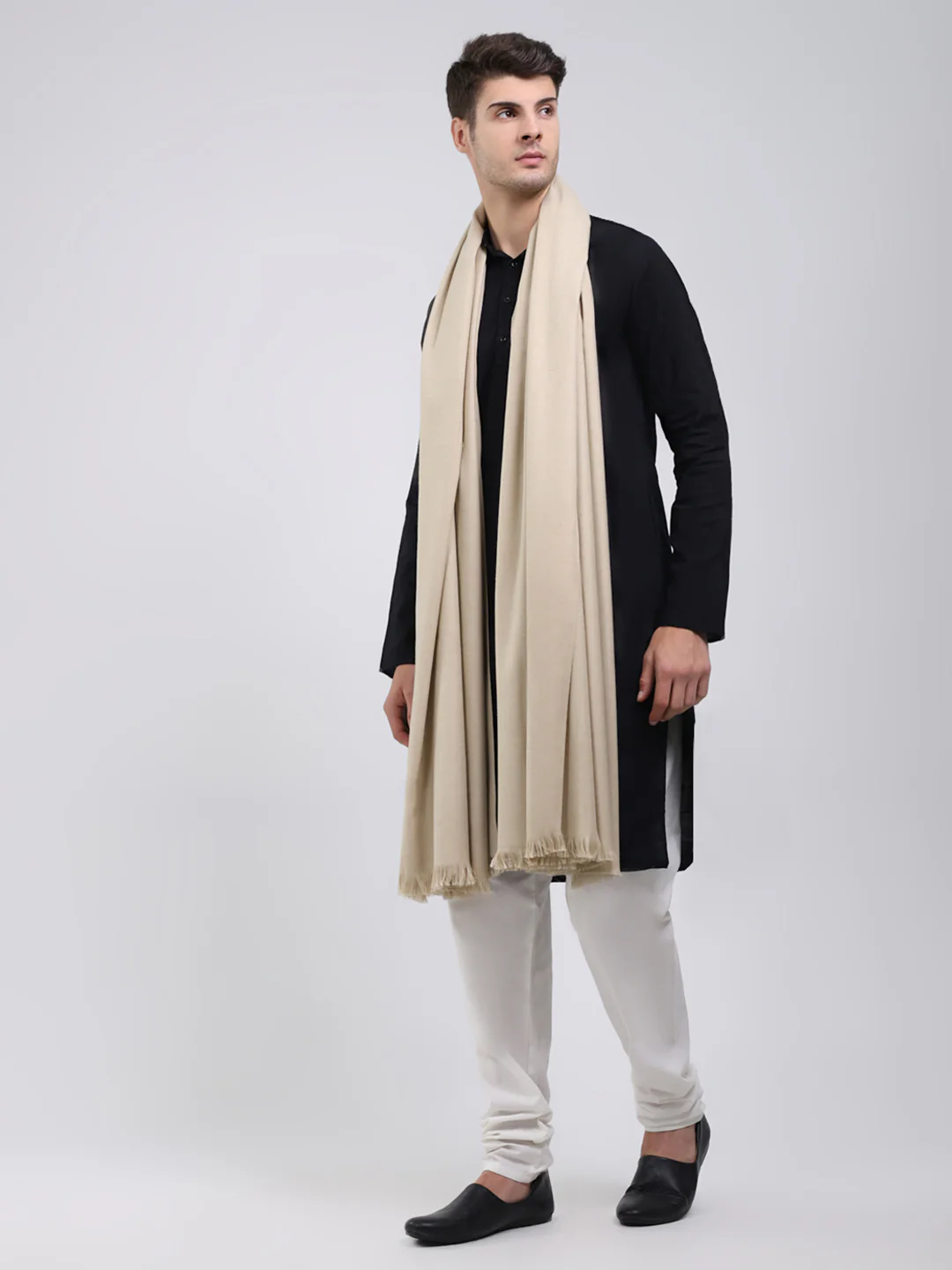 Men Beige Solid Wool Blend Lohi Shawl - Image 3