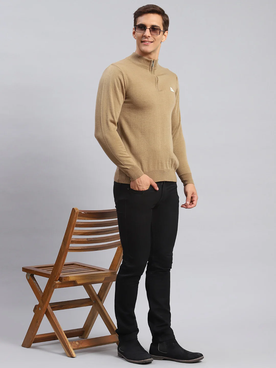Men Beige Solid Wool blend Pullover - Image 2