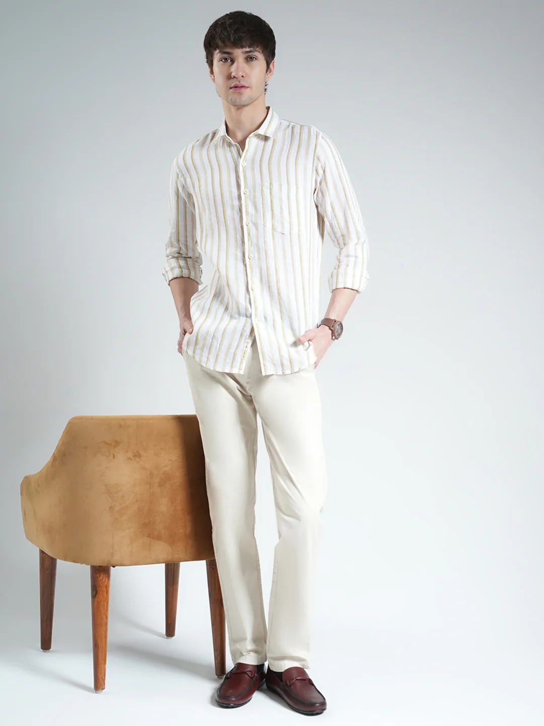 Men Beige Stripe Collar Full Sleeve Linen Shirt - Image 2