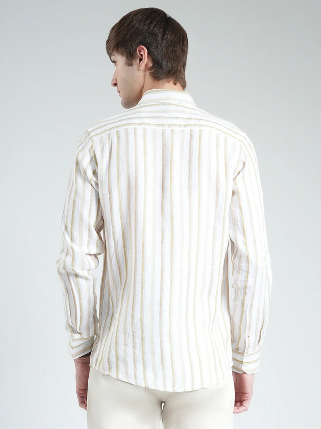 Men Beige Stripe Collar Full Sleeve Linen Shirt - Image 5