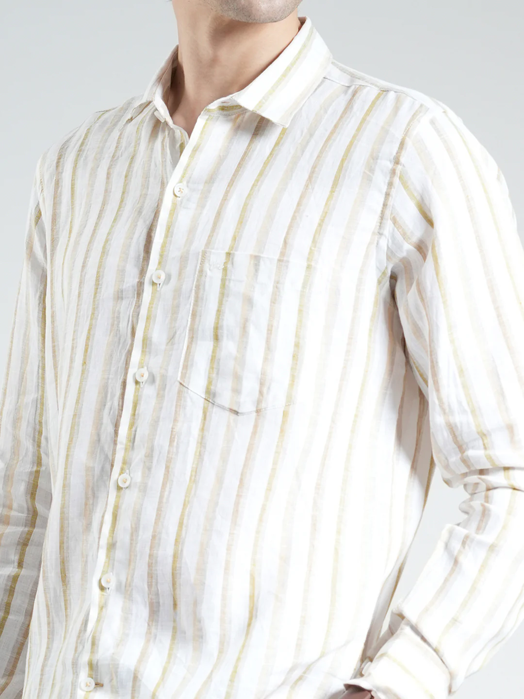 Men Beige Stripe Collar Full Sleeve Linen Shirt - Image 6