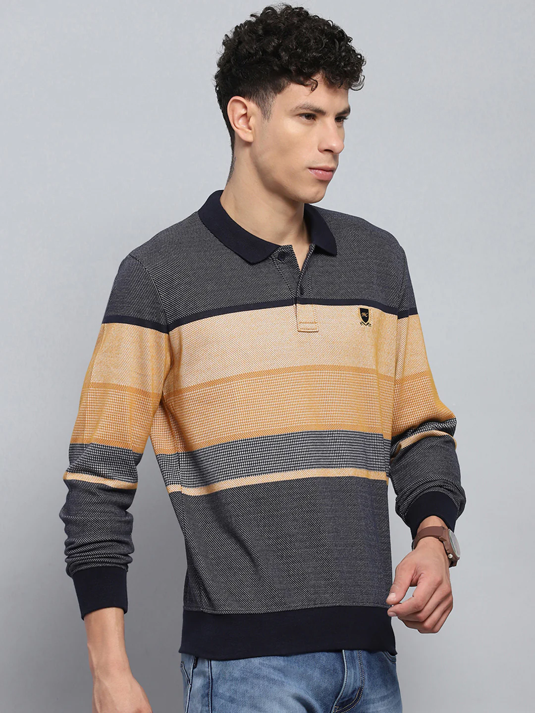 Men Beige Stripe Collar Full Sleeve Winter T-Shirt - Image 4