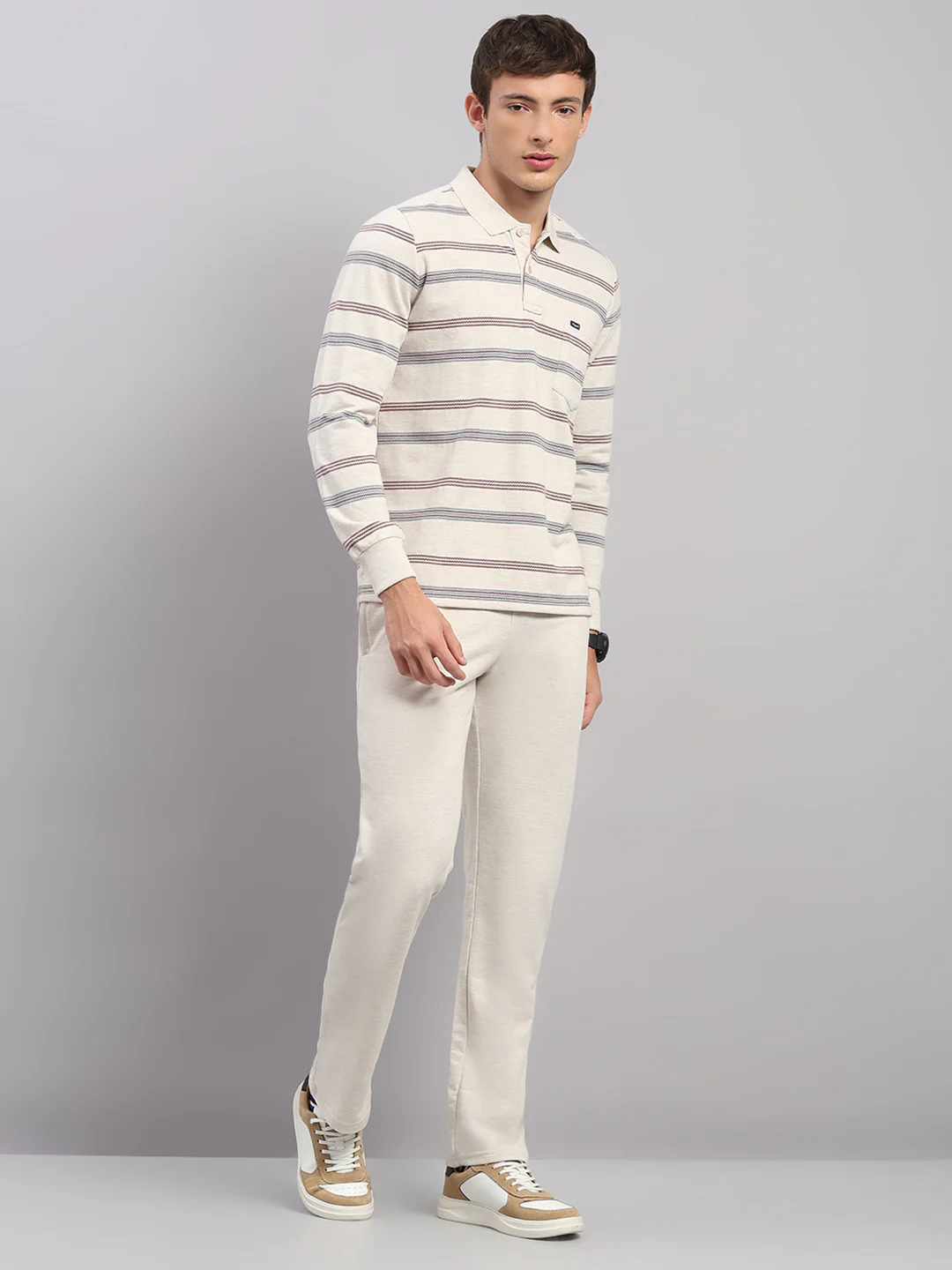 Men Beige Stripe Collar Full Sleeve Winter Tracksuit - Image 4
