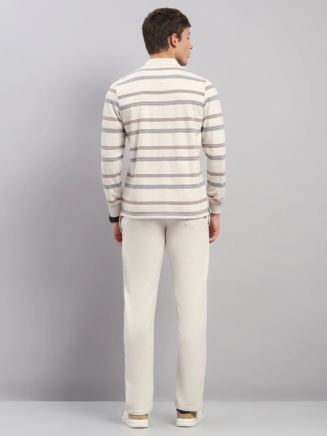 Men Beige Stripe Collar Full Sleeve Winter Tracksuit - Image 5
