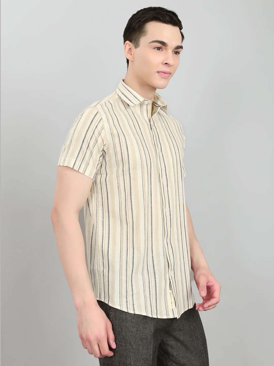 Men Beige Stripe Collar Half Sleeve Shirt - Image 3