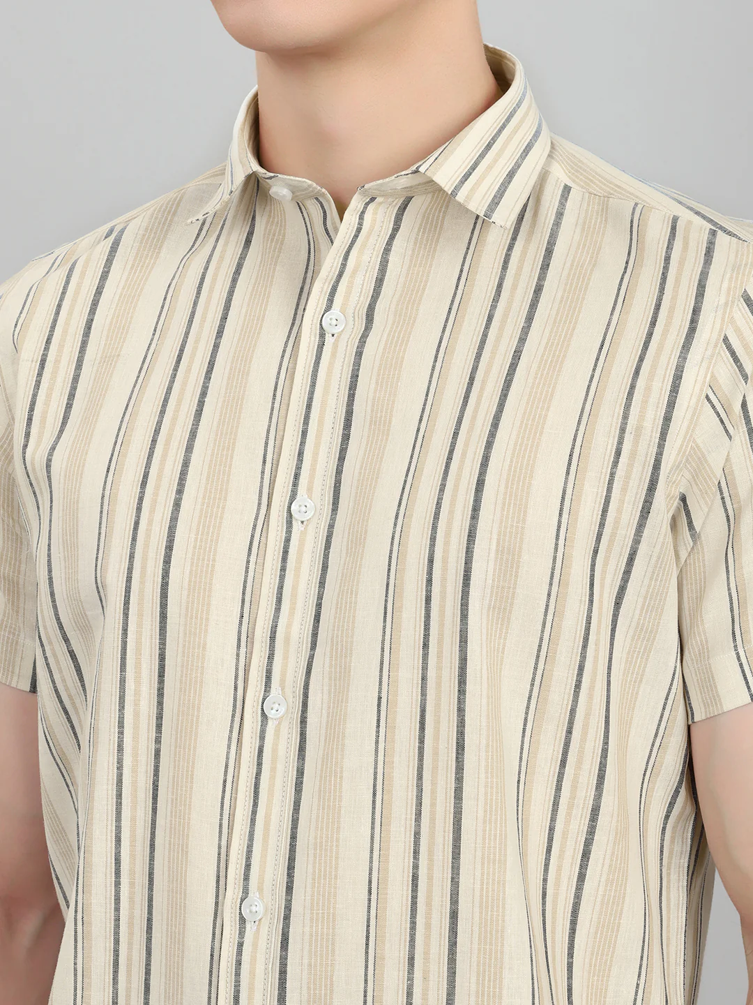 Men Beige Stripe Collar Half Sleeve Shirt - Image 4
