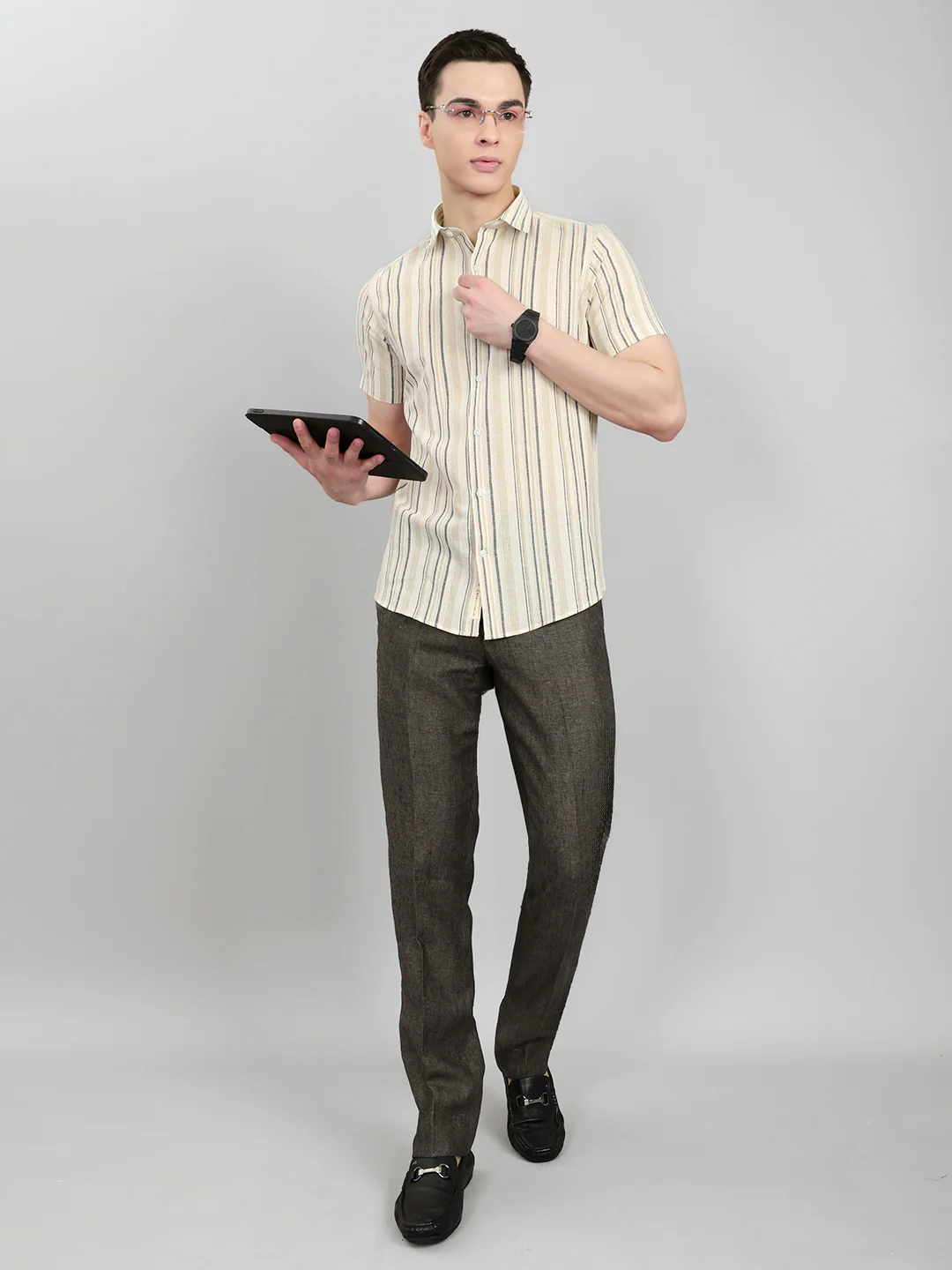 Men Beige Stripe Collar Half Sleeve Shirt - Image 6