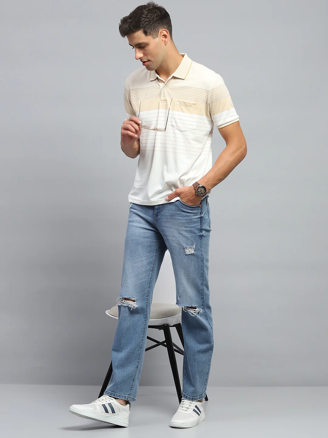 Men Beige Stripe Collar Half Sleeve T-Shirt - Image 2