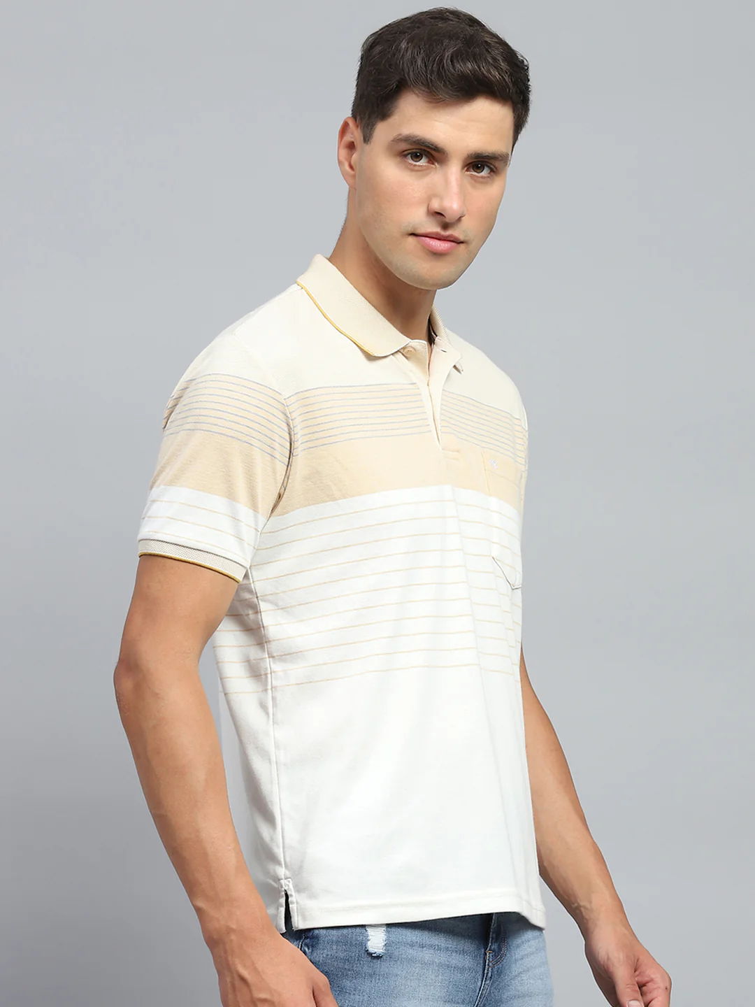 Men Beige Stripe Collar Half Sleeve T-Shirt - Image 4