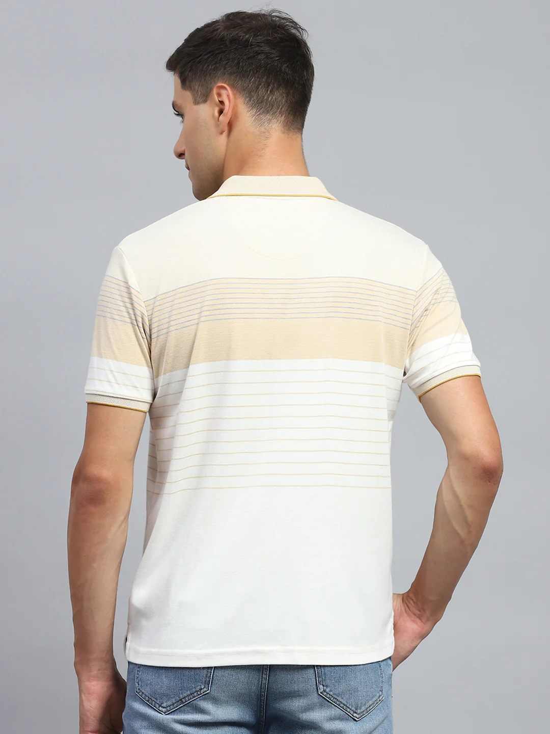 Men Beige Stripe Collar Half Sleeve T-Shirt - Image 5