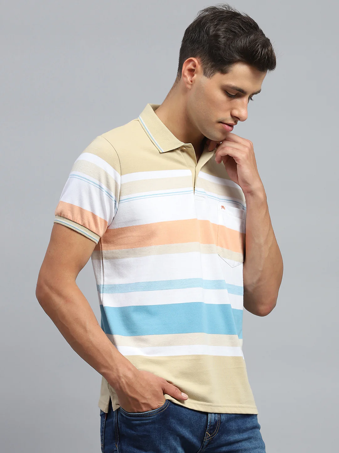Men Beige Stripe Collar Half Sleeve T-Shirt - Image 4