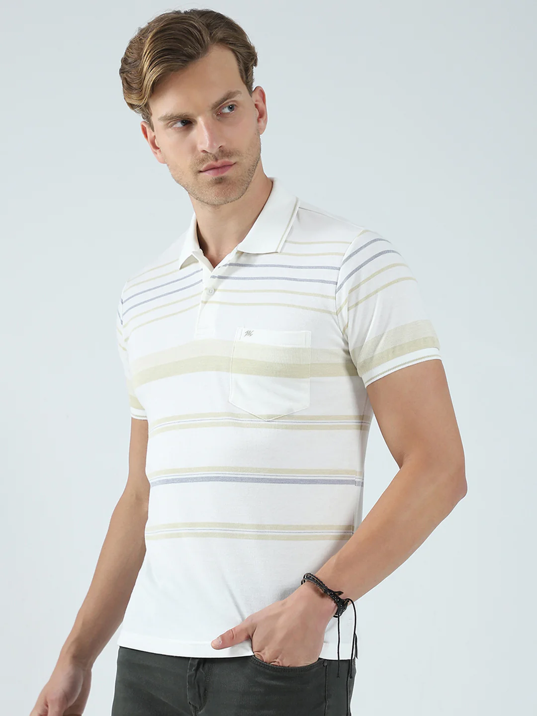 Men Beige Stripe Collar Half Sleeve T-Shirt - Image 3