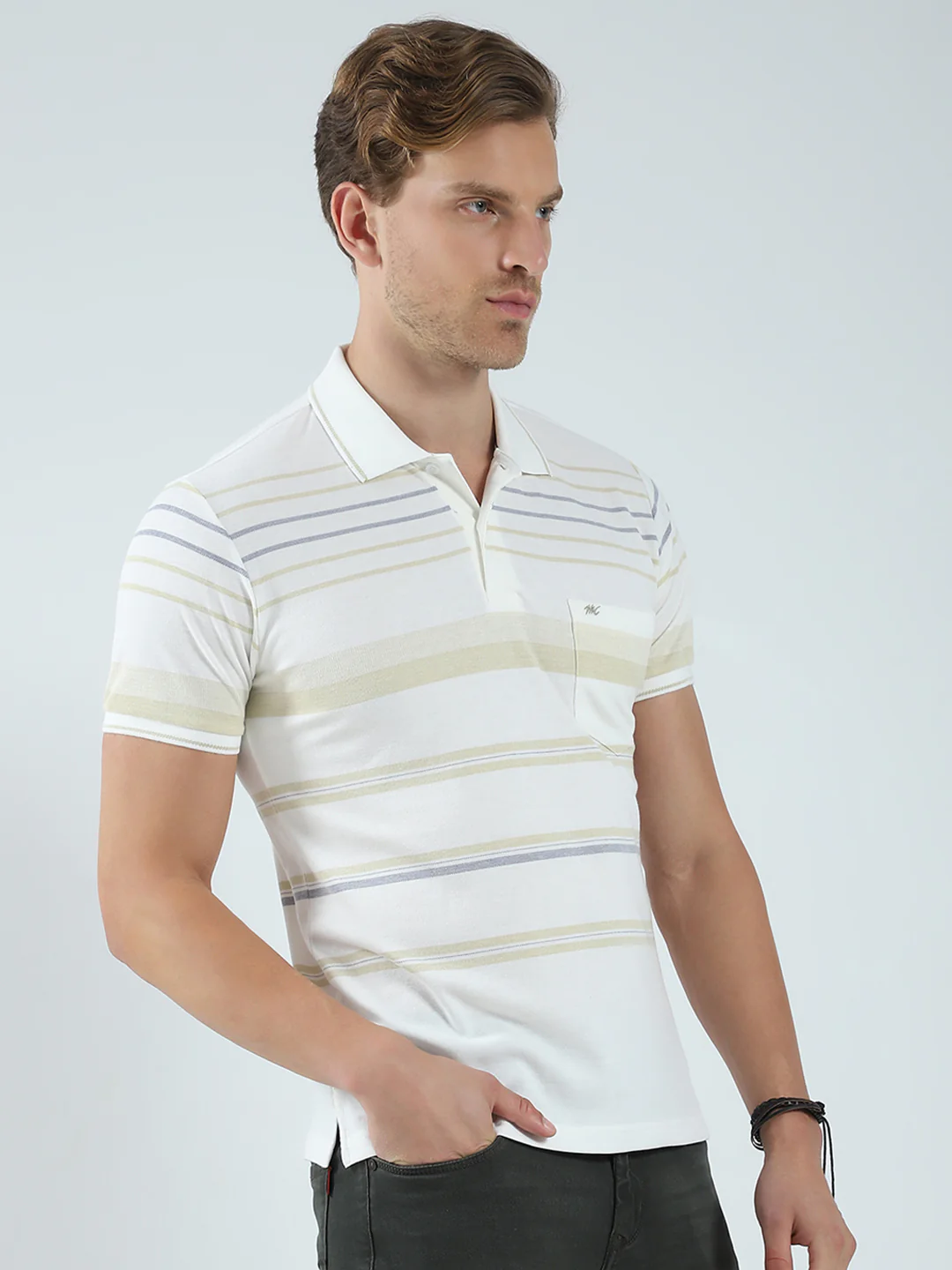 Men Beige Stripe Collar Half Sleeve T-Shirt - Image 4