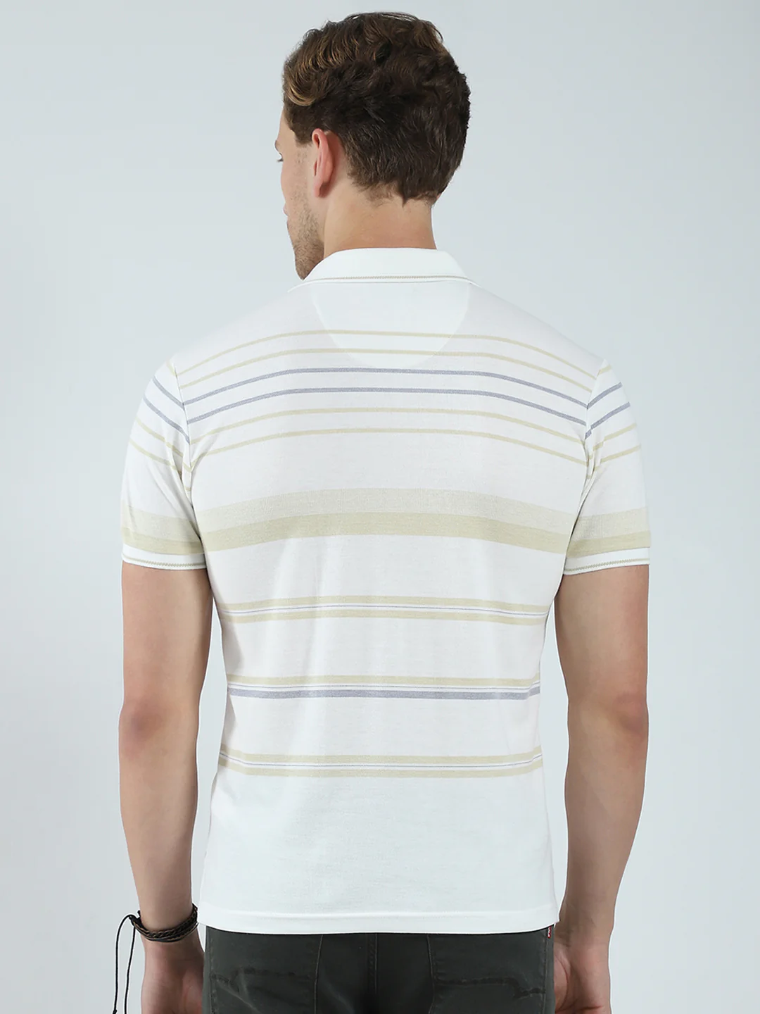 Men Beige Stripe Collar Half Sleeve T-Shirt - Image 5