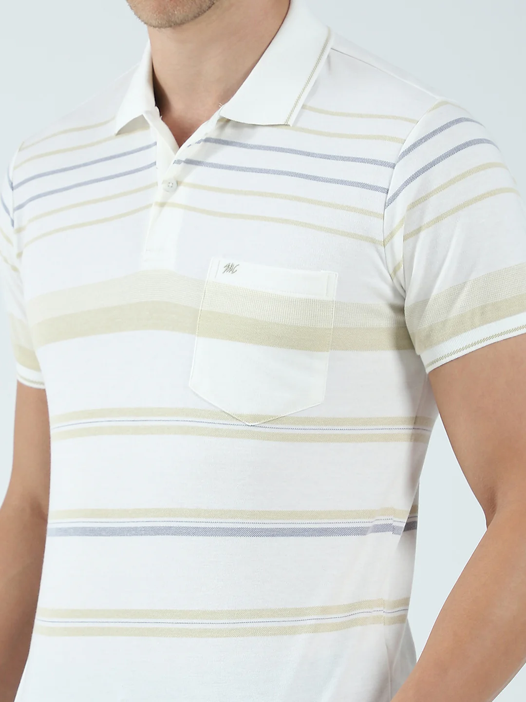 Men Beige Stripe Collar Half Sleeve T-Shirt - Image 7