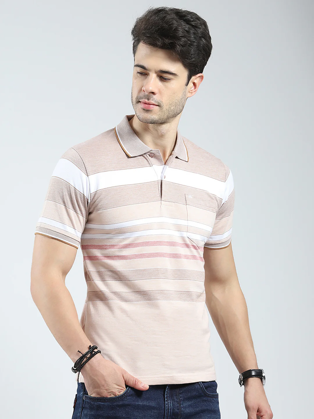 Men Beige Stripe Collar Half Sleeve T-Shirt - Image 4