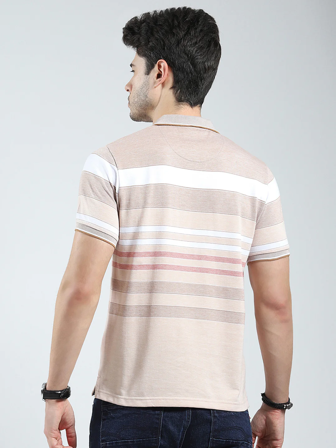 Men Beige Stripe Collar Half Sleeve T-Shirt - Image 5