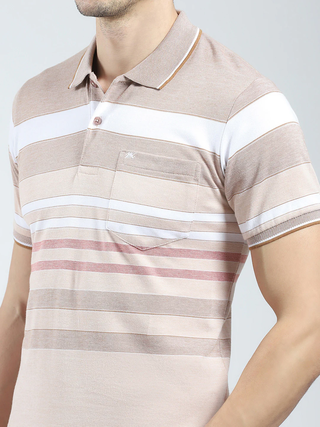 Men Beige Stripe Collar Half Sleeve T-Shirt - Image 6