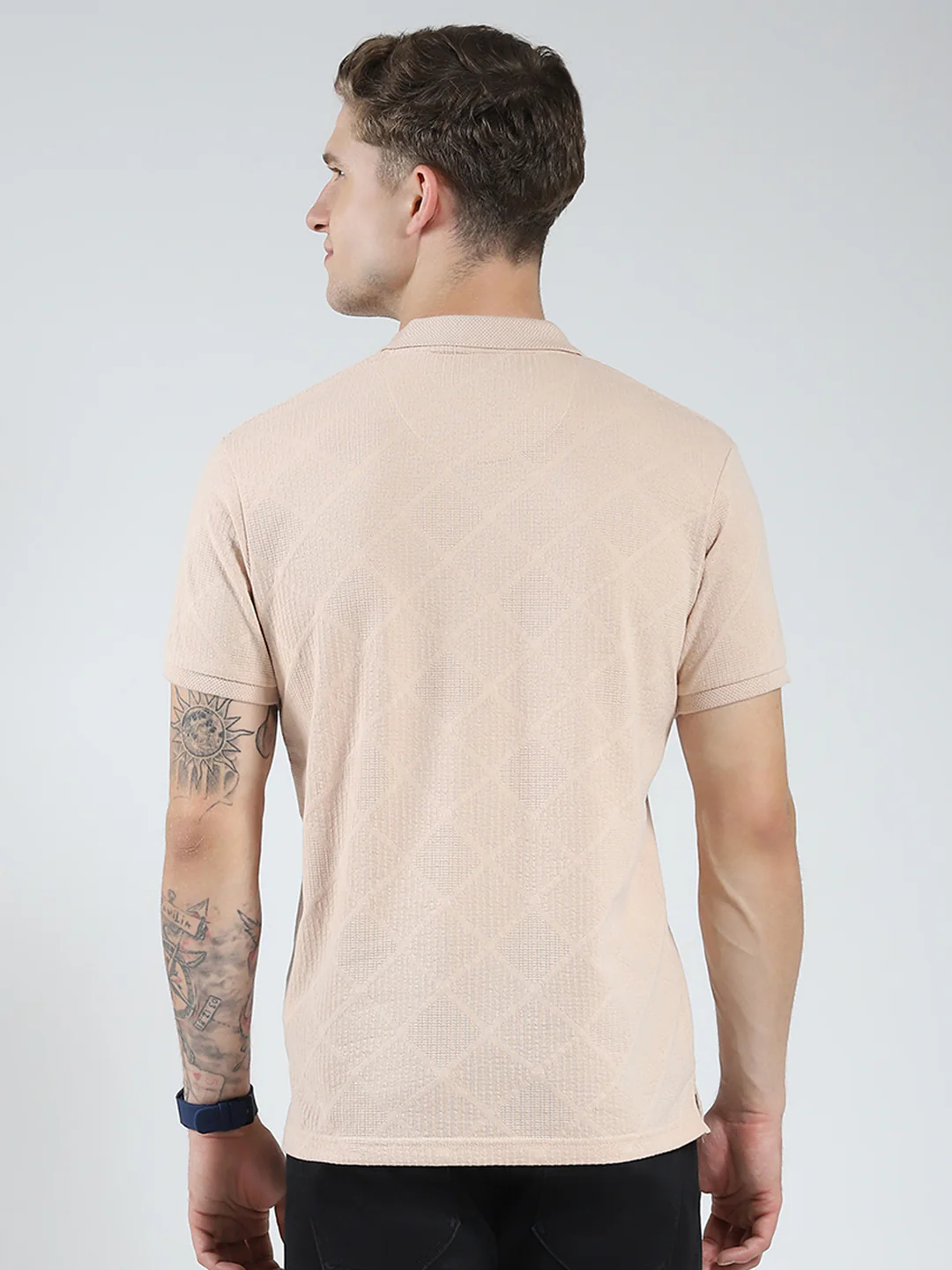 Men Beige Stripe Collar Half Sleeve T-Shirt - Image 5