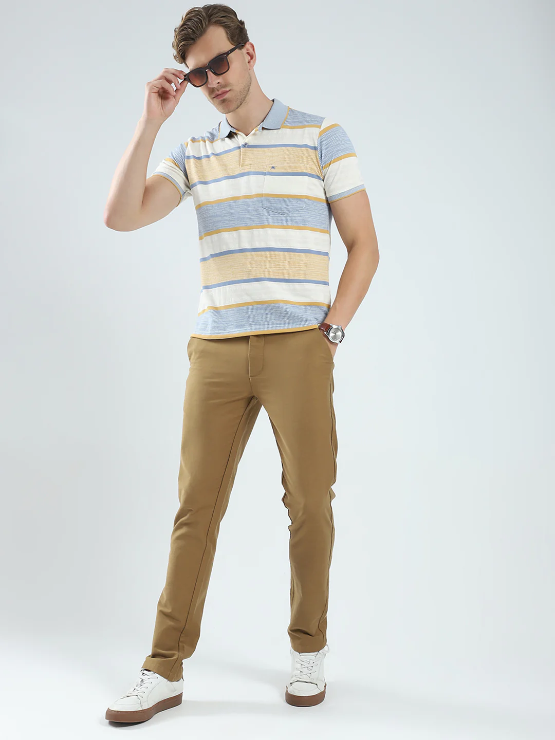 Men Beige Stripe Collar Half Sleeve T-Shirt - Image 2
