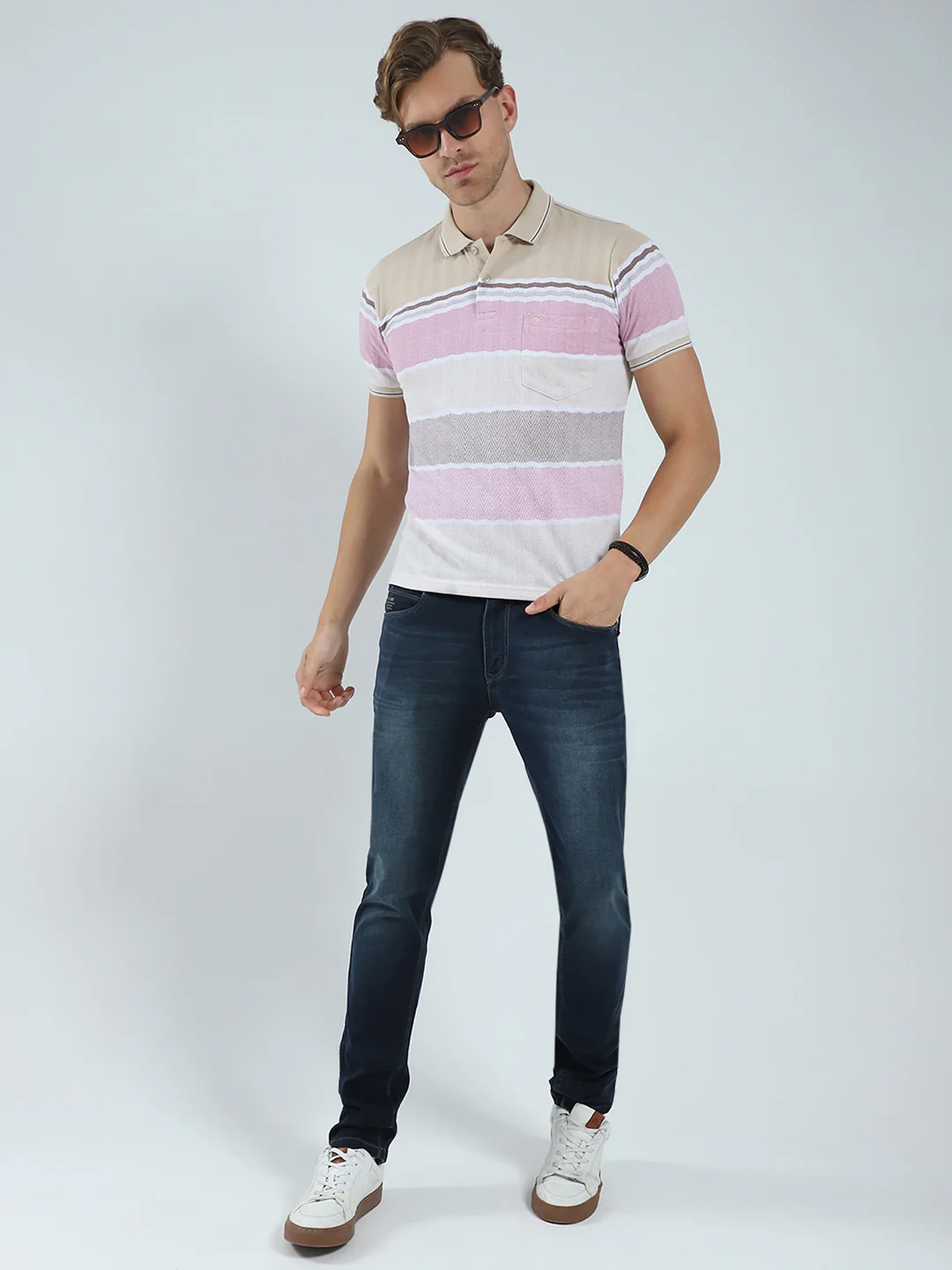 Men Beige Stripe Collar Half Sleeve T-Shirt - Image 2