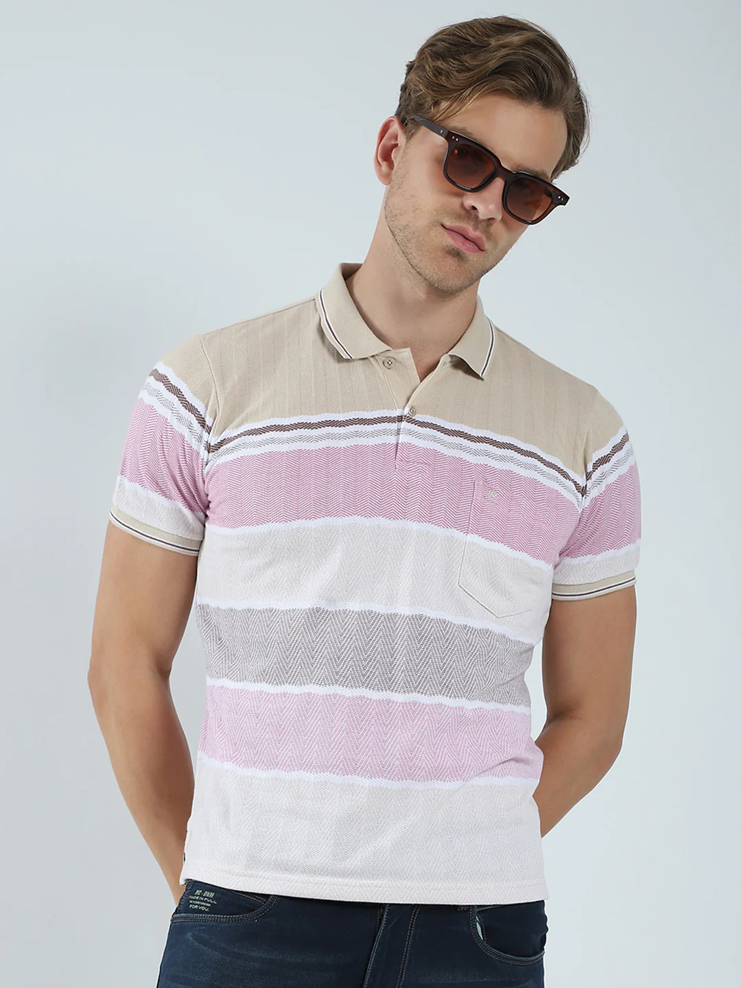 Men Beige Stripe Collar Half Sleeve T-Shirt - Image 6