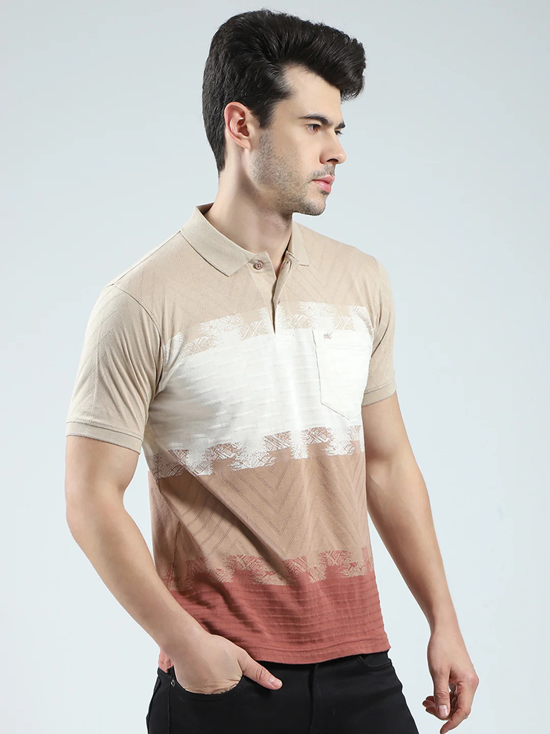 Men Beige Stripe Collar Half Sleeve T-Shirt - Image 4