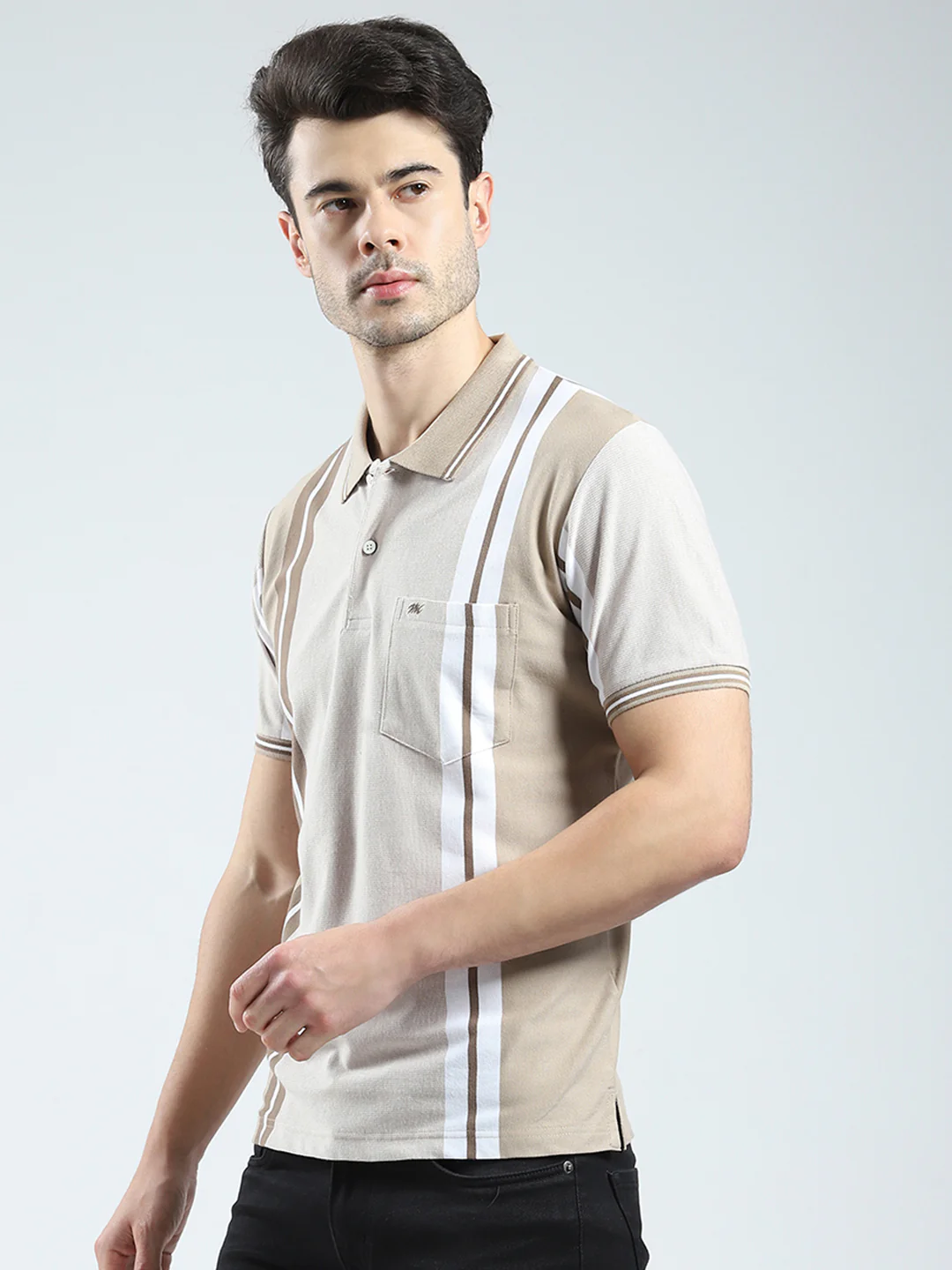 Men Beige Stripe Collar Half Sleeve T-Shirt - Image 3