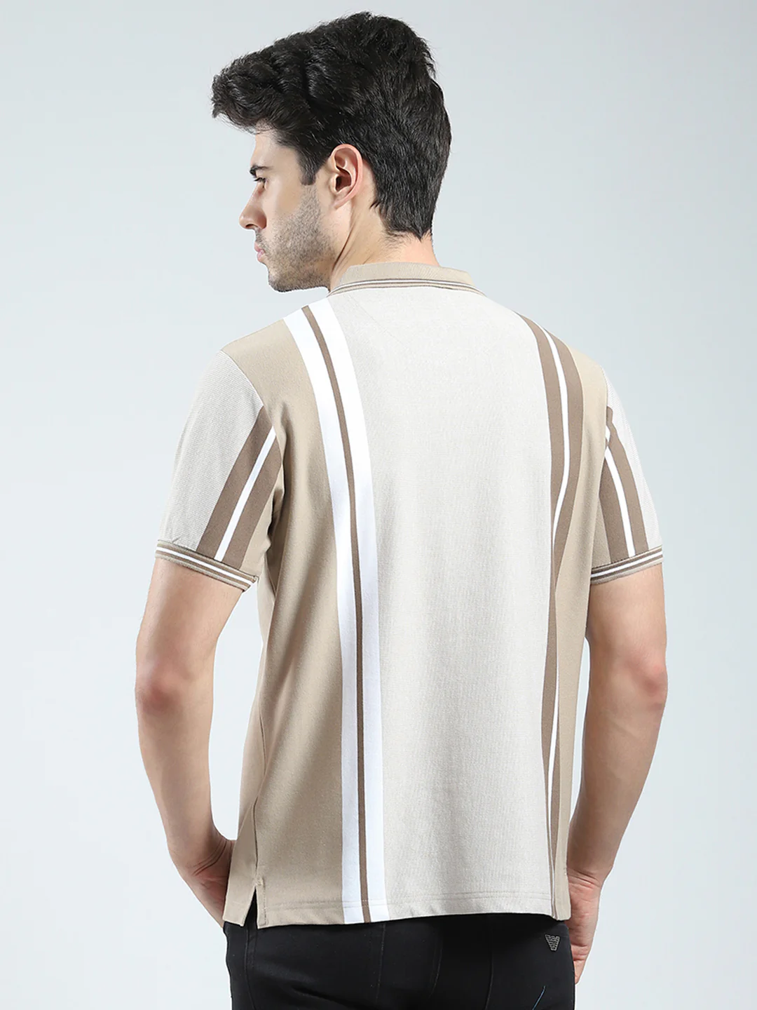 Men Beige Stripe Collar Half Sleeve T-Shirt - Image 5