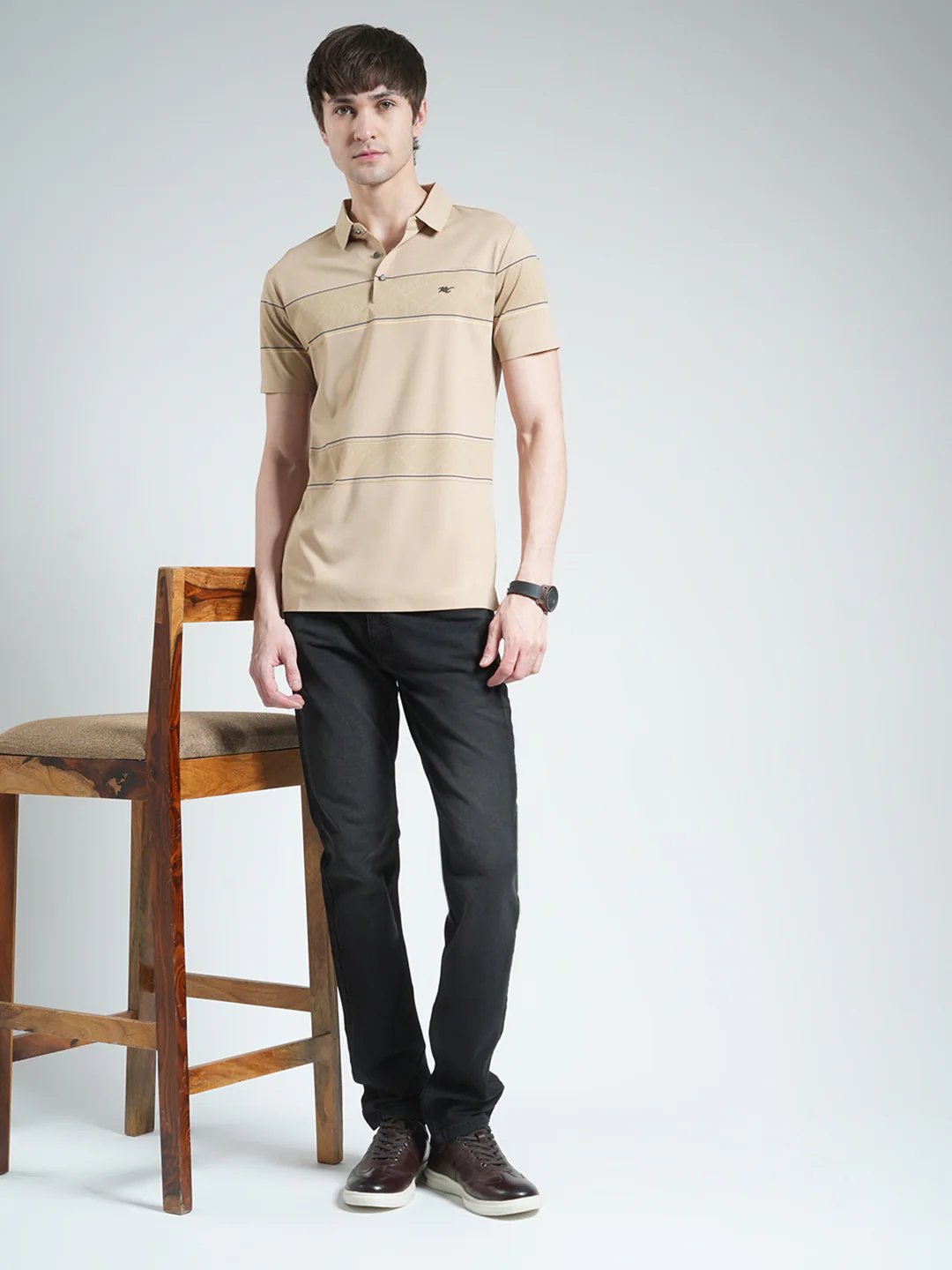 Men Beige Stripe Collar Half Sleeve T-Shirt - Image 2